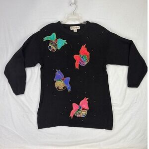 Victoria Harbour Black‎ Christmas Sweater Sequin Rhinestones Bows & Beads, M